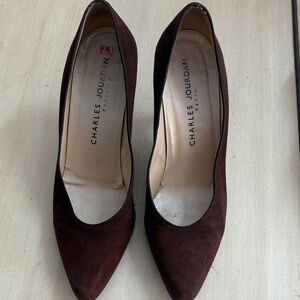 Charles Jourdan Dark Brown Suede Leather Pointed Toe Pumps